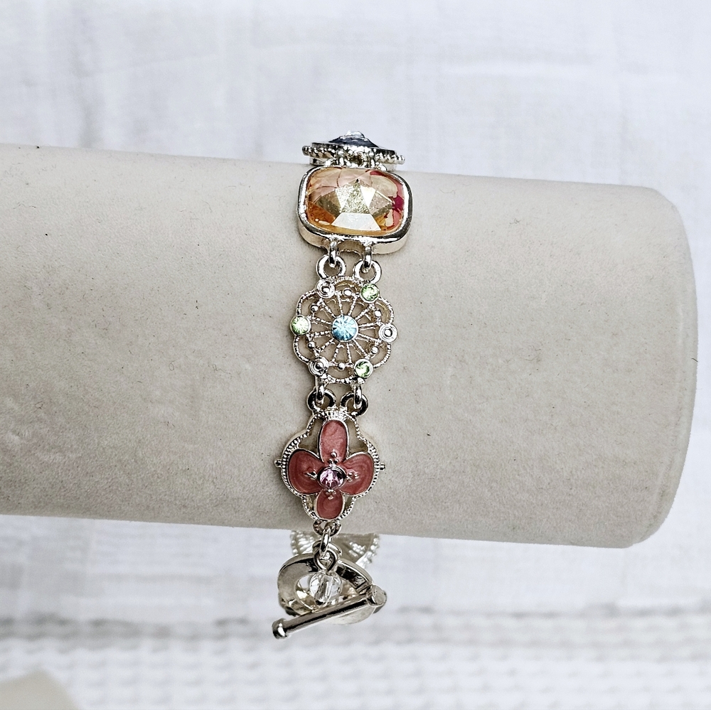 Napier Enamel and Crystal Station Bracelet with Toggle Clasp 7 1/4” - Picture 4 of 14